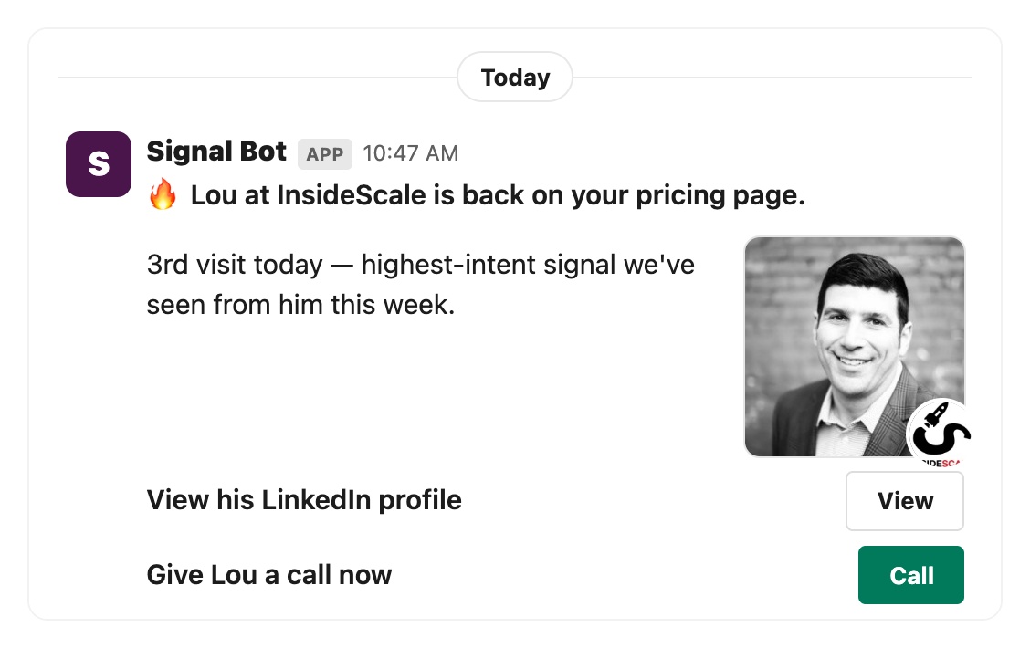 Slack intent ping telling a seller their prospect is back on the page